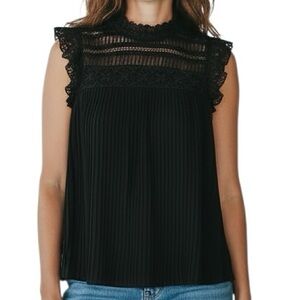 NWT REBECCA MINKOFF Black Sleeveless Lace Pleated Ruffle Detail Top Size Medium